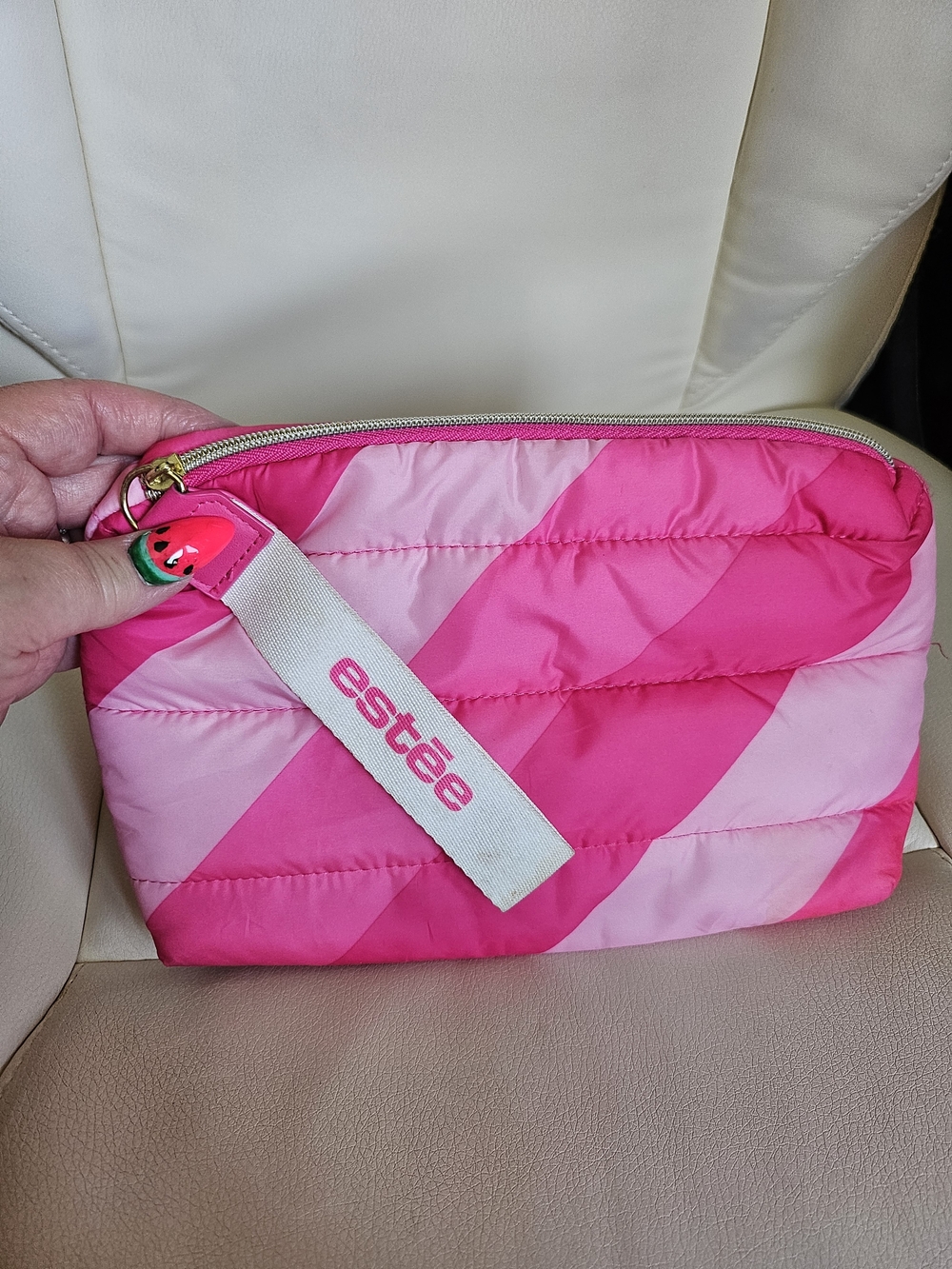 Estee Lauder Pink Diagonal Quilted Cosmetic Pouch